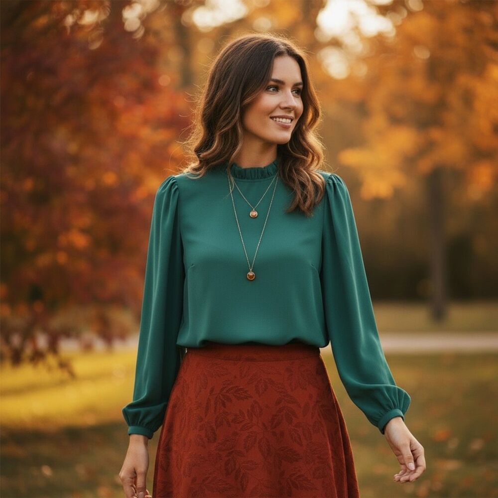J. Crew Ruffle Mock Neck Blouse Medium M Forest Green Long Sleeve